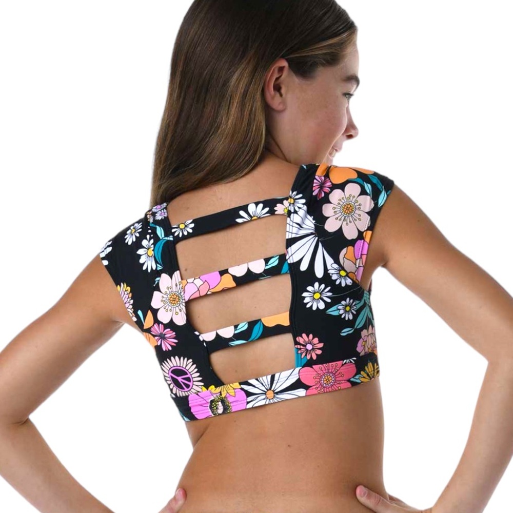 Hobie Bikini Girls 14 Peace, Love, & Daisies Cap Sleeve Black Floral - Picture 2 of 6